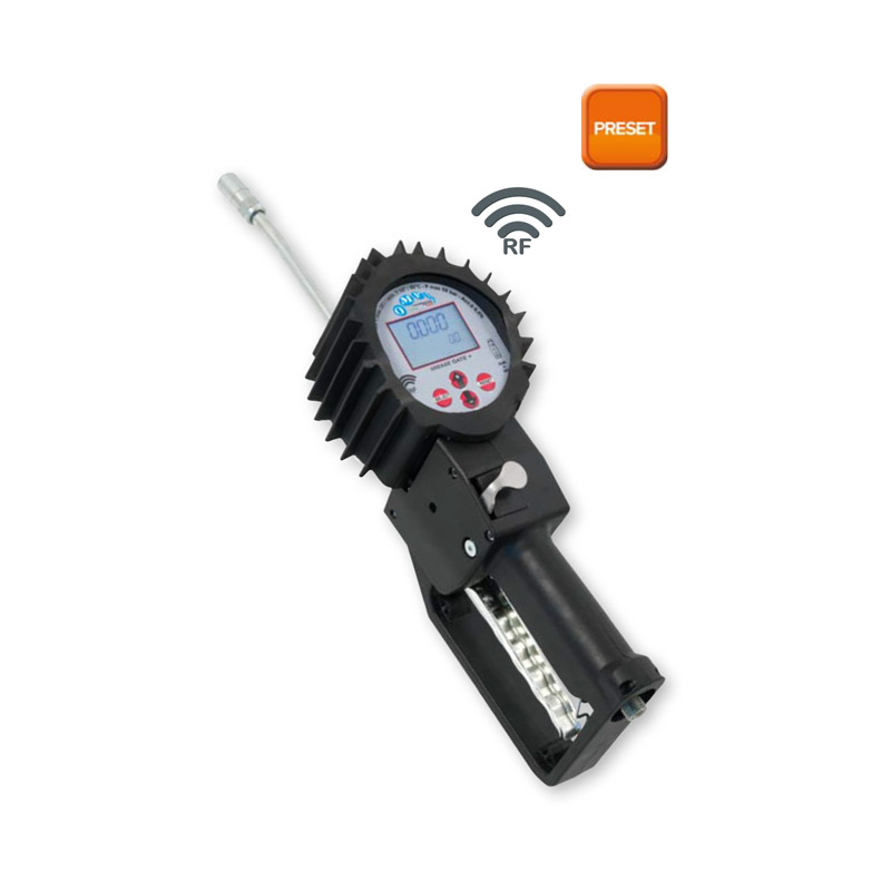 Pistolet distributeur de graisse Ompi avec débitmètre, fonction de préréglage et communication RF pour une lubrification précise en milieu professionnel.