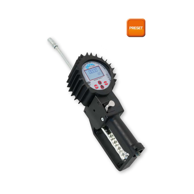 Pistolet distributeur de graisse Ompi avec débitmètre et fonction de préréglage pour une lubrification précise dans les applications automobiles et industrielles.
