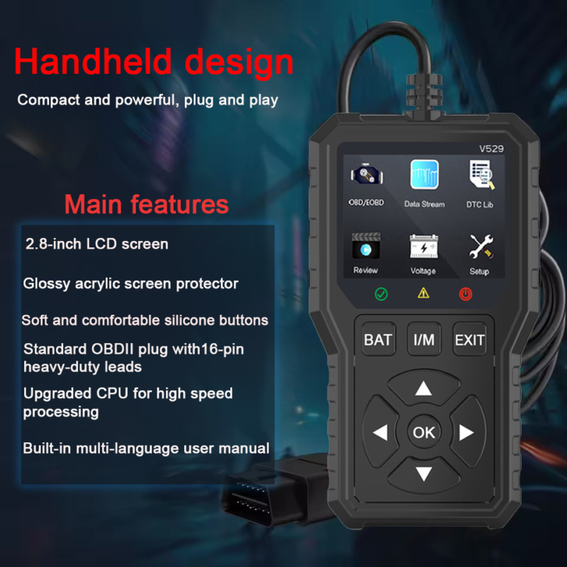 Handheld OBD2-scanner voor het lezen en wissen van motorfoutcodes en het bekijken van live voertuiggegevens.