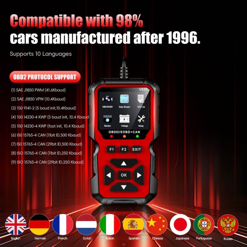 OBD2 diagnostic scanner for reading and clearing engine fault codes with live vehicle data display