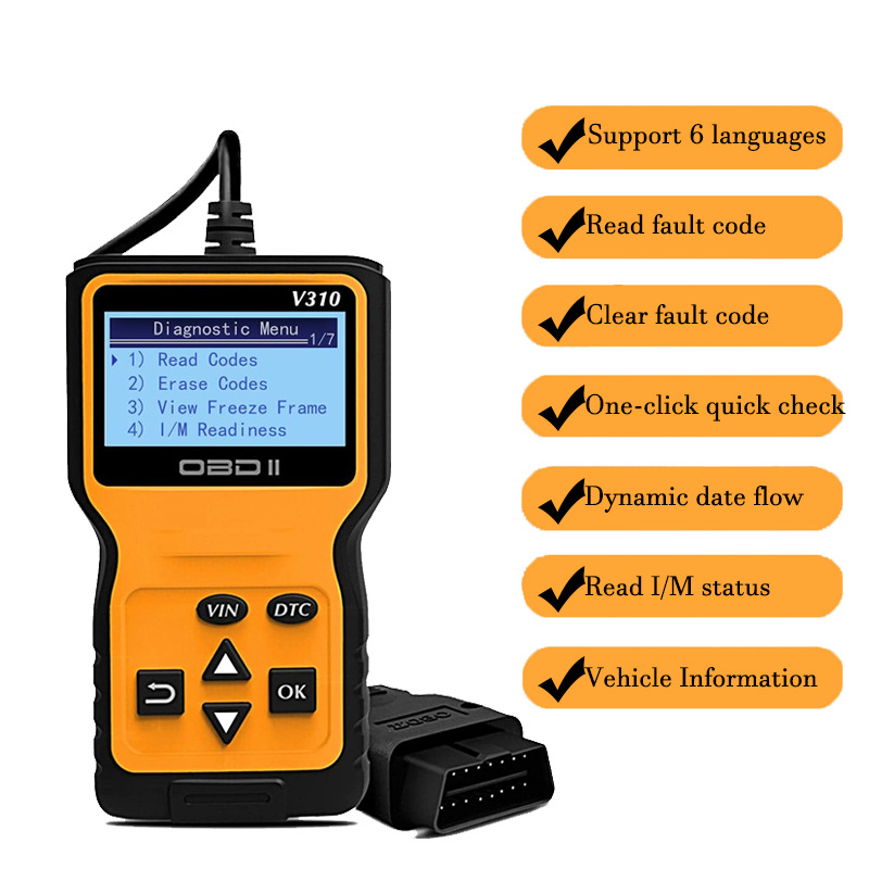 Herramienta de diagnóstico CHOYOE V310 OBD2 de alta calidad con carcasa resistente y pantalla retroiluminada clara.