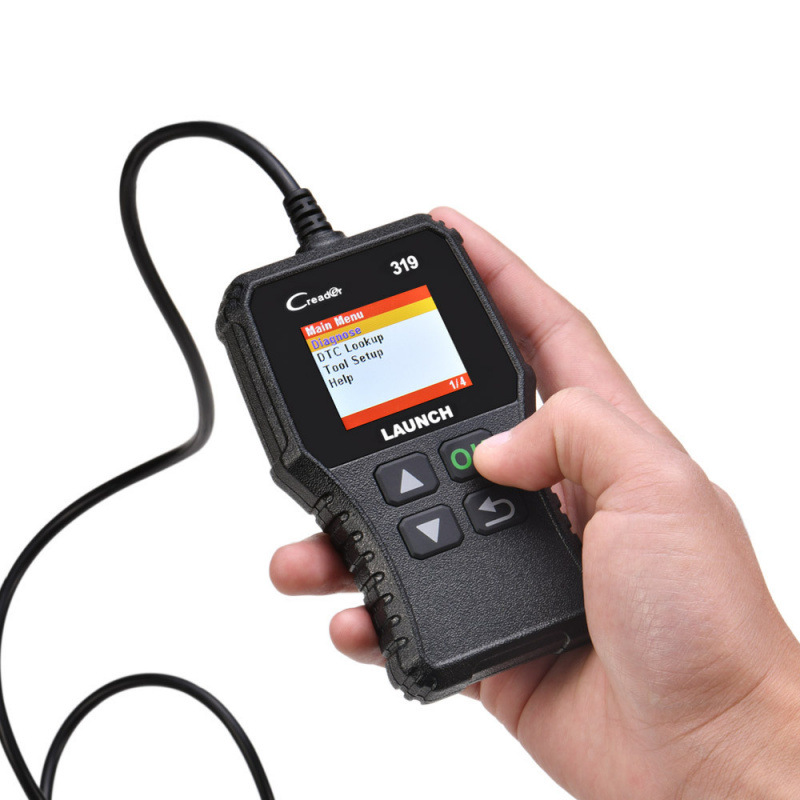 Robust LAUNCH X431 Creader CR319 OBD2 reader with clear colour display and durable build.