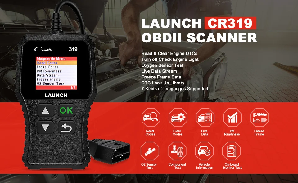 LAUNCH X431 Creader CR319 OBD2 reader for reading and clearing engine fault codes on most cars