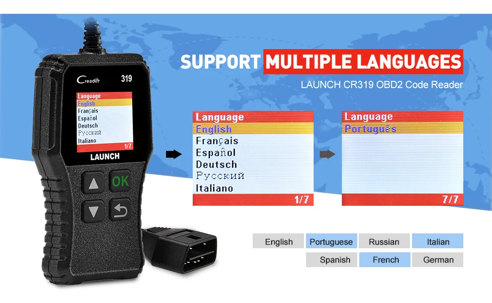 Rugged plastic LAUNCH X431 Creader CR319 OBD2 scanner with colour display