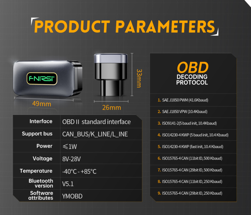Durable black OBD2 diagnostic tool with robust plastic housing and Bluetooth 5.1 connection