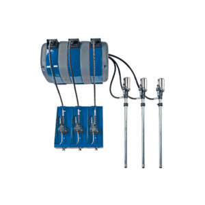 Kit di pompa olio pneumatica fissaria, 3 pompe, 3 bobine per tubi, tubi da 15 m per fusti da 208 l