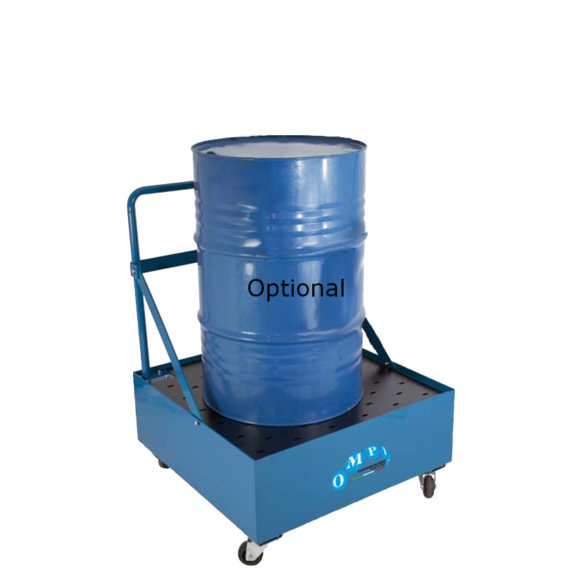 Mobile oil drum platform with spill collector for one 208 L drum, painted steel, braked castors.