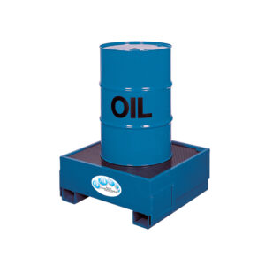 Oil drum platform in painted steel with spill collector for one 208 litre drum, stable pallet feet