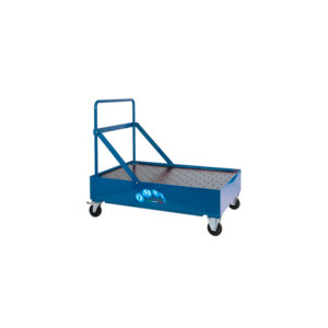 Mobile oil drum platform with spill collector for two 208-litre drums, painted steel, brake castors.