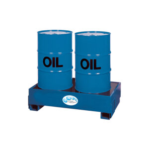 Painted steel oil drum platform with spill collector for two drums, safe storage