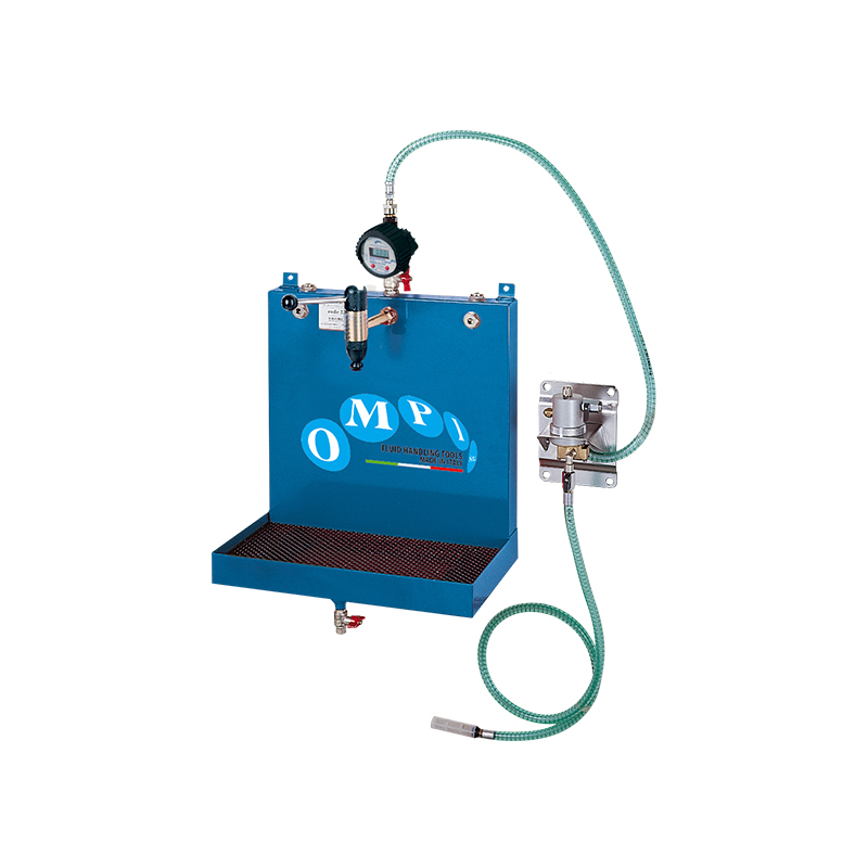 Wall mounted dispensing station with pneumatic rotary pump for oil and antifreeze, digital flow meter
