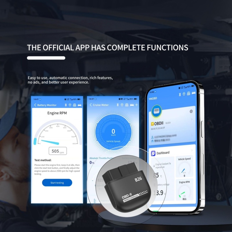 Plastic ABS housing and nickel-plated metal pins diagnostic tool body, durable for automotive use.