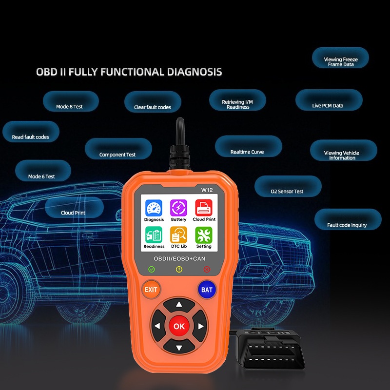 High-precision automotive OBD2 diagnostic tool W12 with durable components and reliable performance.