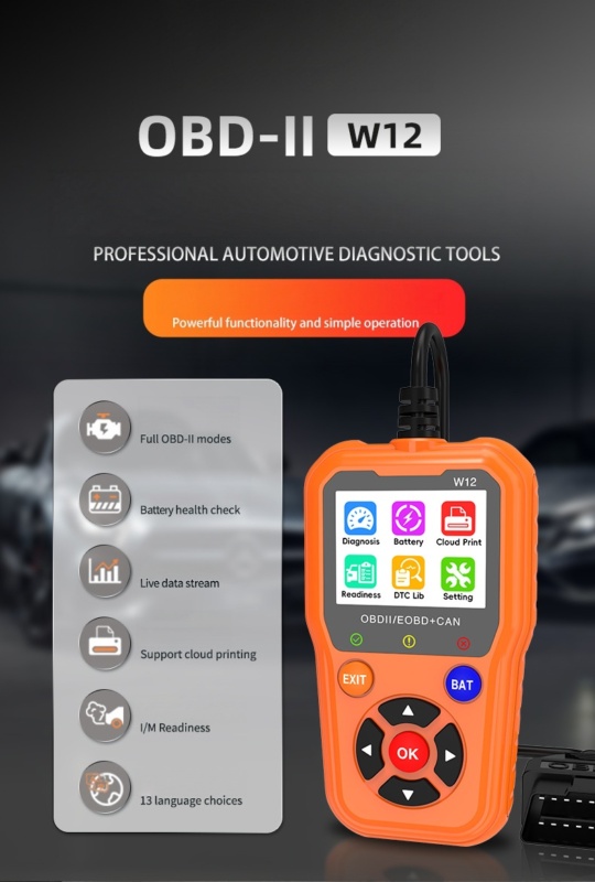Automotive diagnostic tool OBD2 W12 enables quick engine and system fault detection via vehicle interface