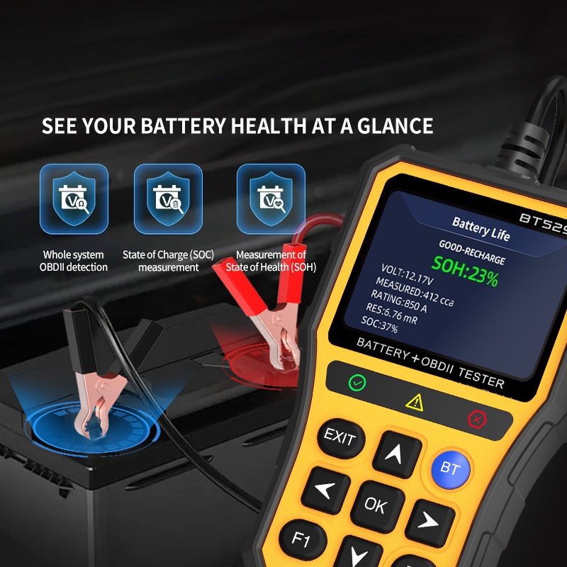 Car diagnostic tool that plugs into OBD2 port to read engine data, clear error codes via Bluetooth connection