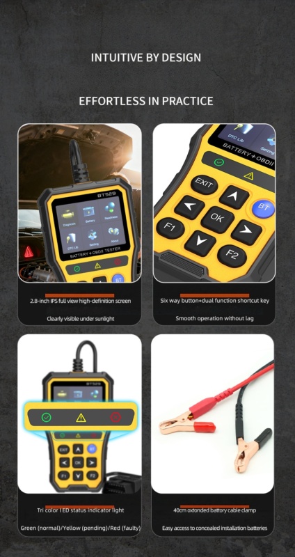 OBD2 diagnostic tool BT529 featuring durable ABS plastic housing and corrosion-resistant metal connectors
