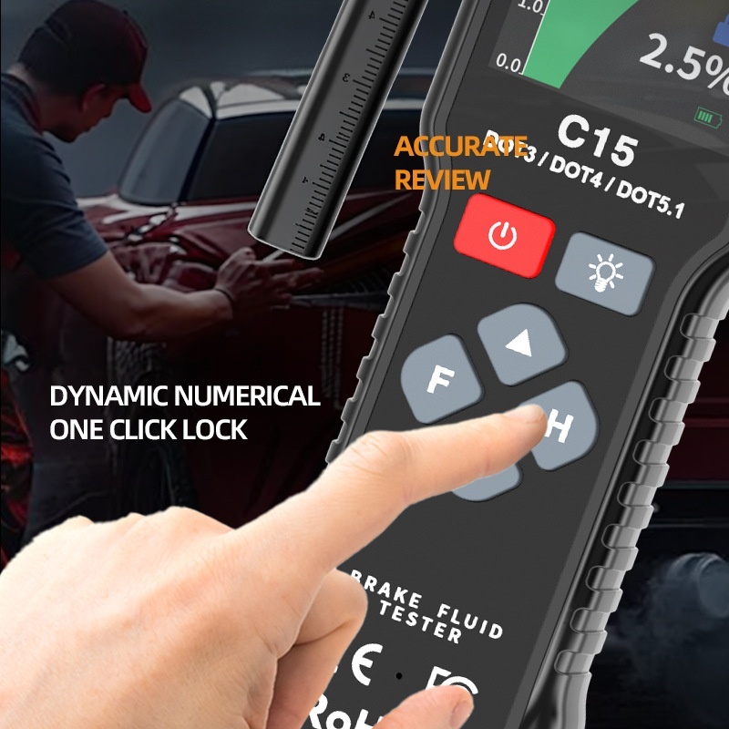 YMIOT YMC15 Brake Fluid Tester with ABS plastic housing and stainless steel probe detects moisture in brake fluid