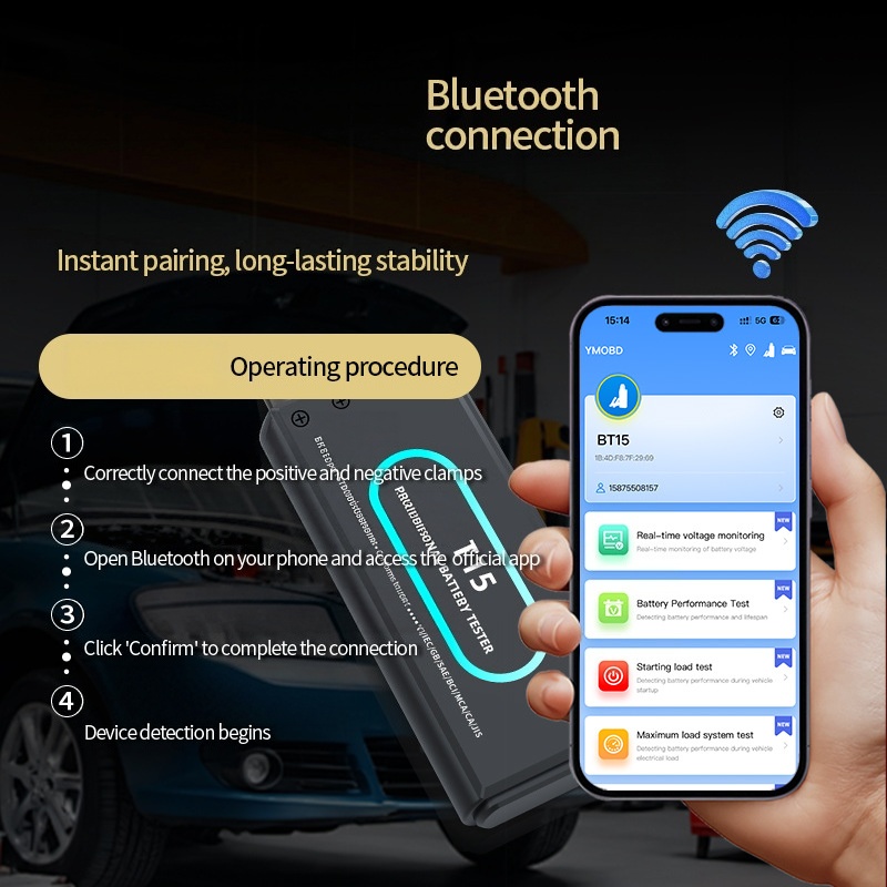 YMIOT BT15 car battery tester with durable ABS plastic casing and reinforced copper probe connectors