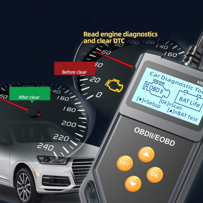 YMIOT OBD2 Automotive Diagnostic Tool MS812 toont motordiagnose op het dashboard van de auto
