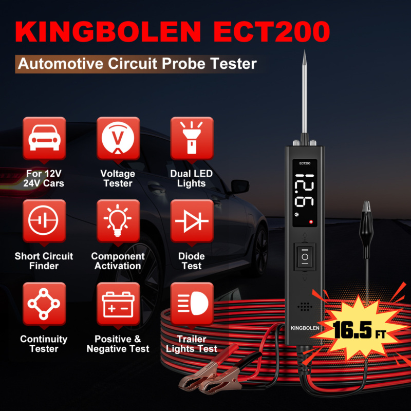 Premium KINGBOLEN ECT200 probtestare med robust rostfri stålspets och hållbar 16,5 fots kabel för exakt diagnos