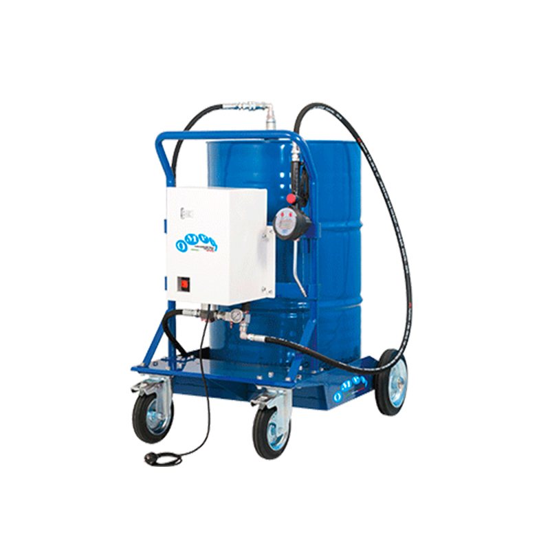 Mobile electric oil dispensing kit for 208 l drums, with pump, flow meter, hose reel and trolley
