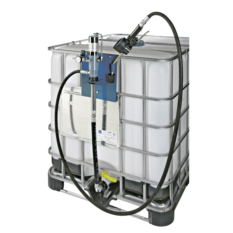 OMPI pneumatska pumpa za ulje montirana na IBC spremnik, 32 l/min, s mjeračem protoka i kontrolnim pištoljem.