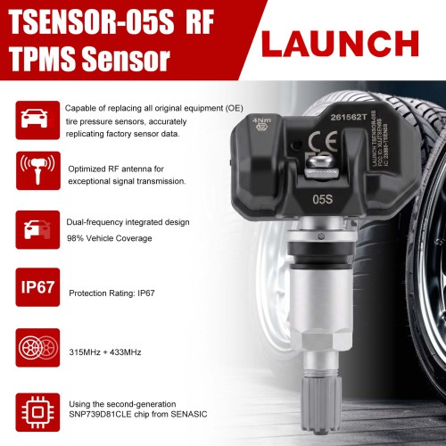 LAUNCH TSENSOR-05S RF метален TPMS сензор за обслужване на превозни средства на 315/433 MHz