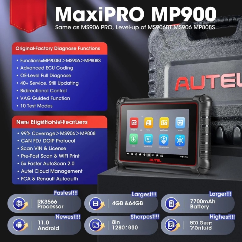 High-grade Autel MaxiPRO MP900 diagnostic tool with rugged 8″ display, rapid ECU coding and bi-directional testing.