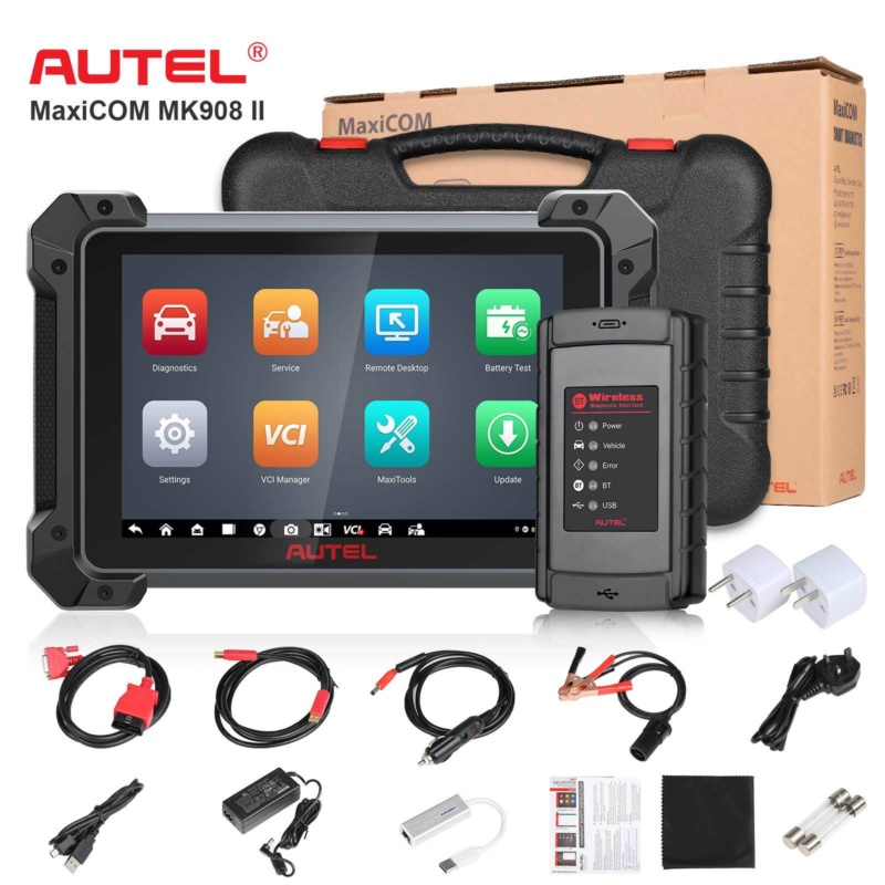 Autel MaxiCOM MK908 II tablet showing vehicle live diagnostics, active tests, ECU coding and service functions.