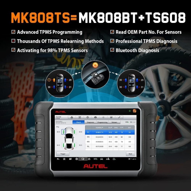 Rugged diagnostic tablet enabling full-system auto diagnostics and TPMS programming across US, EU and Asian vehicles.