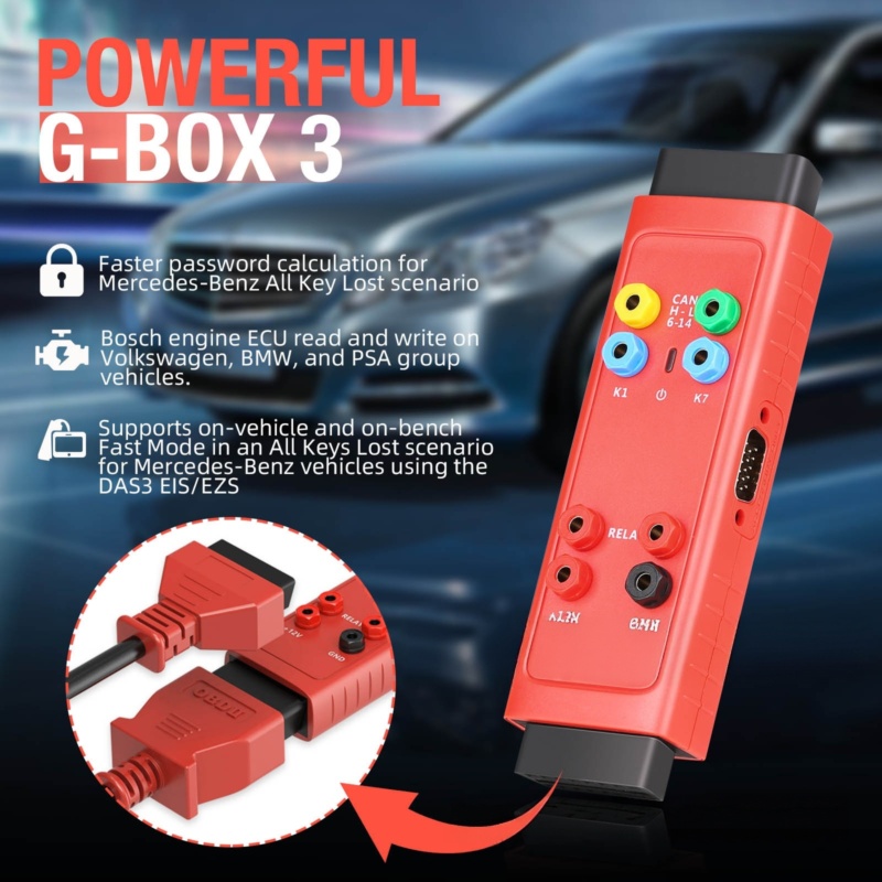 Adaptorul G-BOX3 permite potrivirea rapidă a cheilor AKL pentru Mercedes-Benz și BMW, suportă programarea ECU pe vehicul și pe bancă.