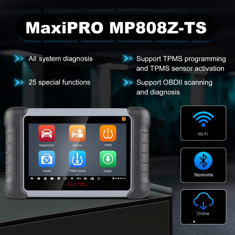 Autel MP808Z-TS: full OE-level diagnostics, TPMS service, live data, active tests, ECU coding, 7-inch display.