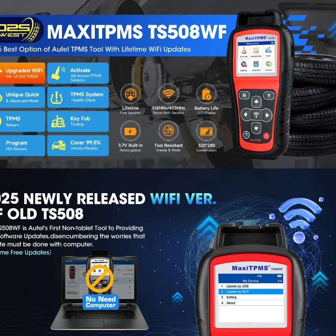 AUTEL MaxiTPMS portatile TS508WF con struttura robusta, batteria a lunga durata, copertura completa dei sensori OE e diagnostica di precisione.