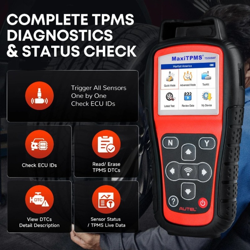 Strumento diagnostico TPMS portatile che consente l'attivazione, la lettura, la programmazione e la diagnostica dei sensori con un design robusto