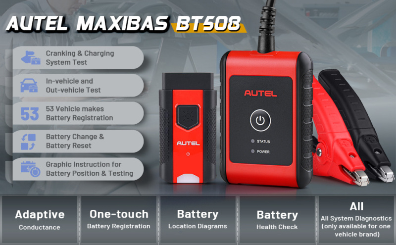 Professionell batteri- och elsystemtestare med Bluetooth för 6-/12-volts batterier; leder batteri, startmotor, generator, BMS och systemåterställningar.
