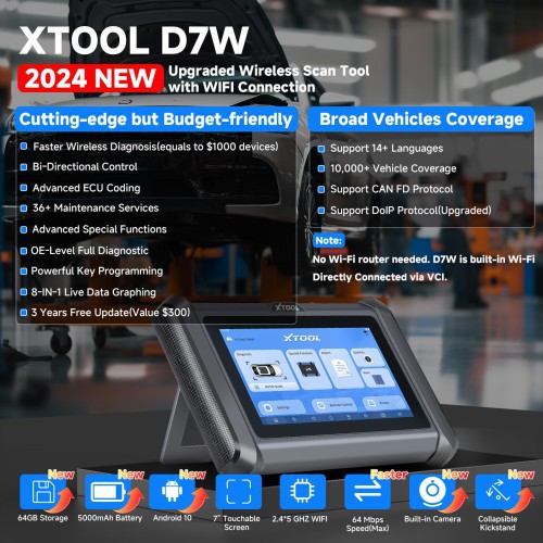 Tablet diagnostico auto wireless da 7 pollici che consente scansioni complete del sistema, dati in tempo reale, reset, test attivi e codifica ECU.