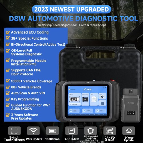 Strumento professionale di diagnostica wireless per veicoli con test completi del sistema, codifica ECU e aggiornamenti di 3 anni.