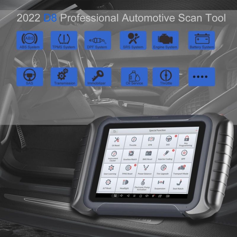 Tablet diagnostico automobilistico che consente il controllo completo del sistema, dati in tempo reale, codifica ECU e reset di manutenzione per l'uso in officina.