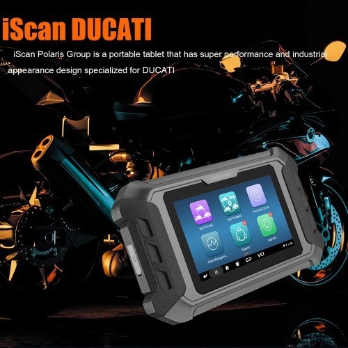Rugged plastic and metal Ducati diagnostic tablet with 5-inch touchscreen.