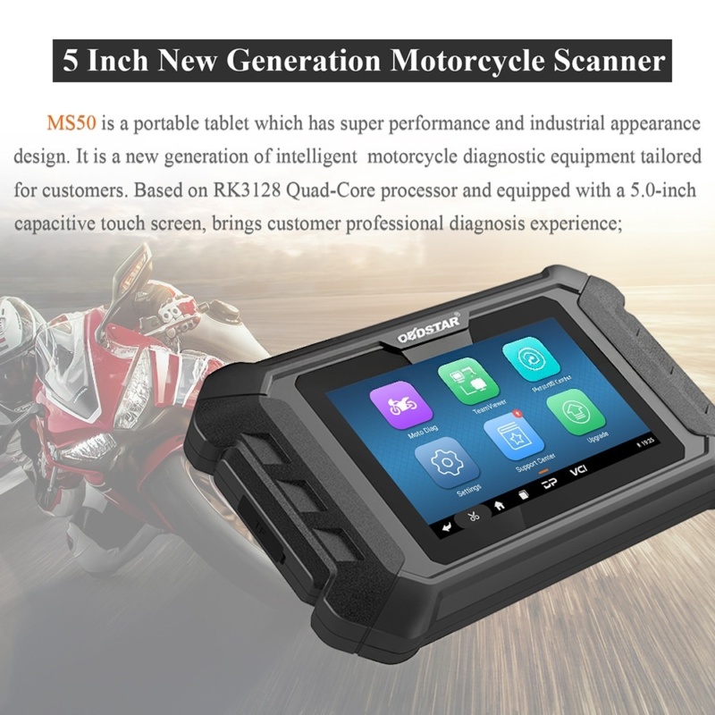 Motorcycle diagnostic tablet MS50 enables full-system fault reading, ABS, ECU coding, fuel-air ratio and firmware updates.