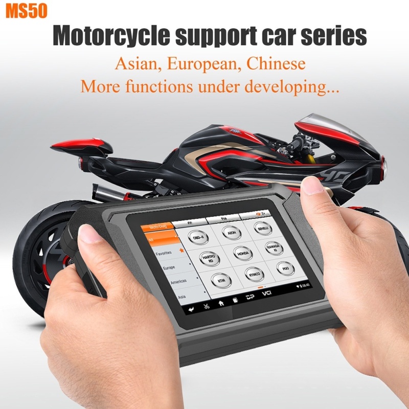 OBDSTAR MS50 motorcycle diagnostic tool with rugged industrial housing and durable touch screen casing