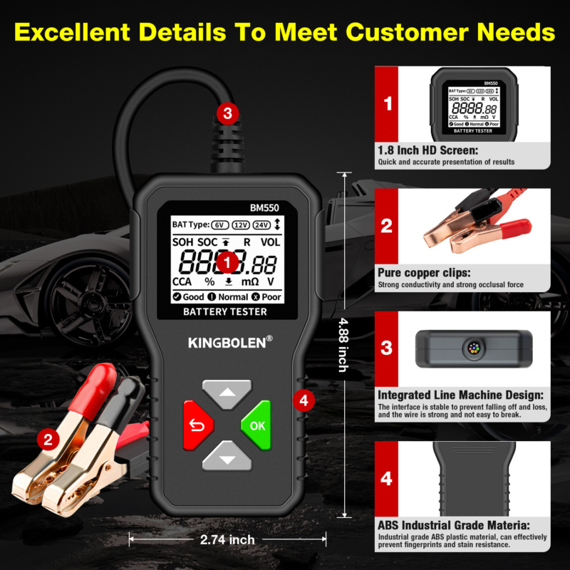 Der Batterietester BM550 liefert präzise SOH-, SOC-, Spannungs- und CCA-Messwerte für 6-24V-Batterien in Werkstätten oder im Außendienst.