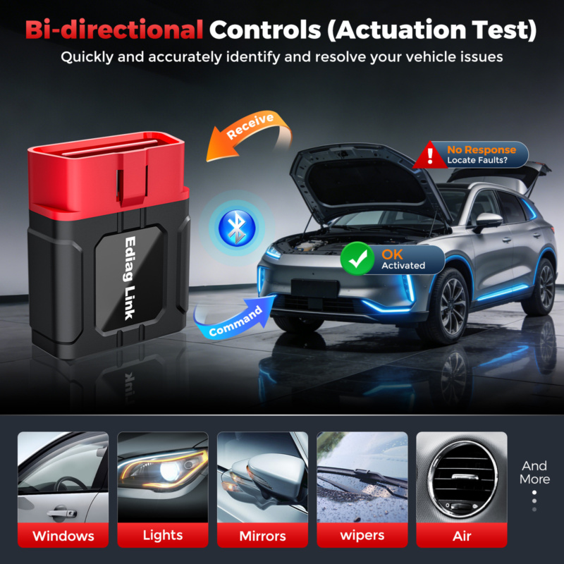 Strumento diagnostico Bluetooth OBD2 per la lettura dei codici di guasto, dati in tempo reale e reset di manutenzione sui veicoli.