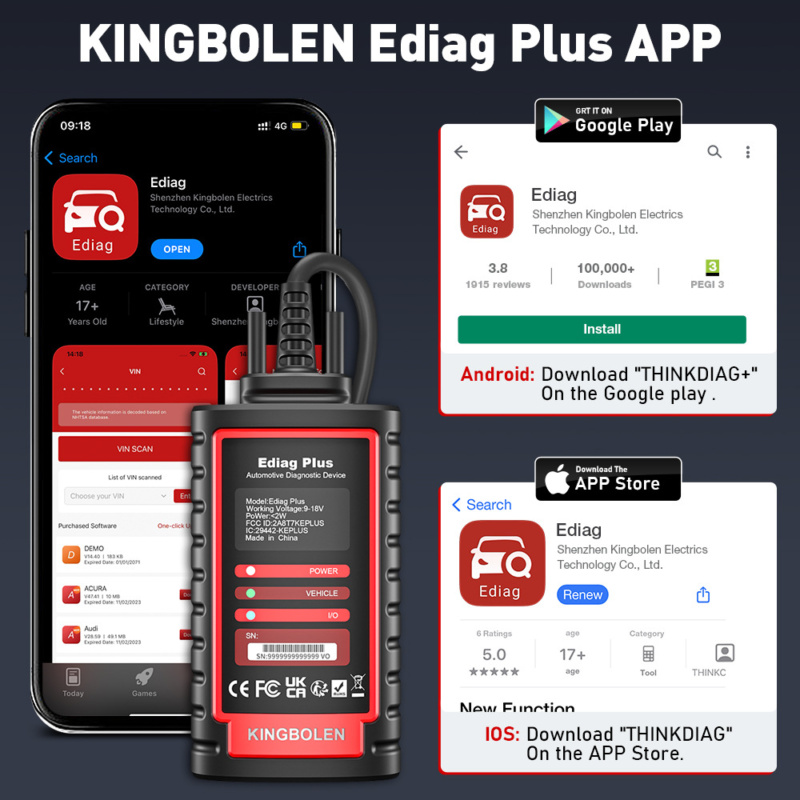 Robusto KINGBOLEN Ediag Plus con diagnostica a livello OE, resistente shell ABS-PC, scansione completa del sistema e codifica ECU