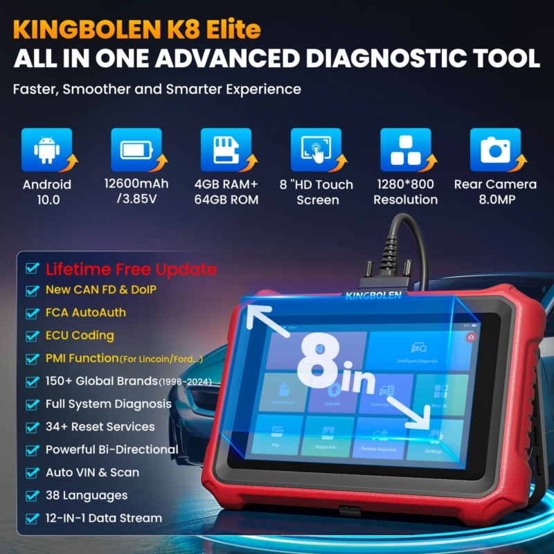 Strumento diagnostico domestico KINGBOLEN K8 Elite; HD da 8 pollici, precisione a livello OE, aggiornamenti a vita, qualità costruttiva robusta