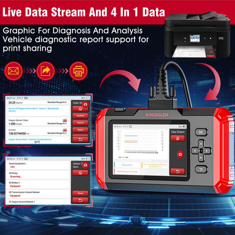 Strumento OBD KINGBOLEN S800 con diagnostica robusta, dati in tempo reale precisi, 15+ funzioni di servizio, build Android di qualità.