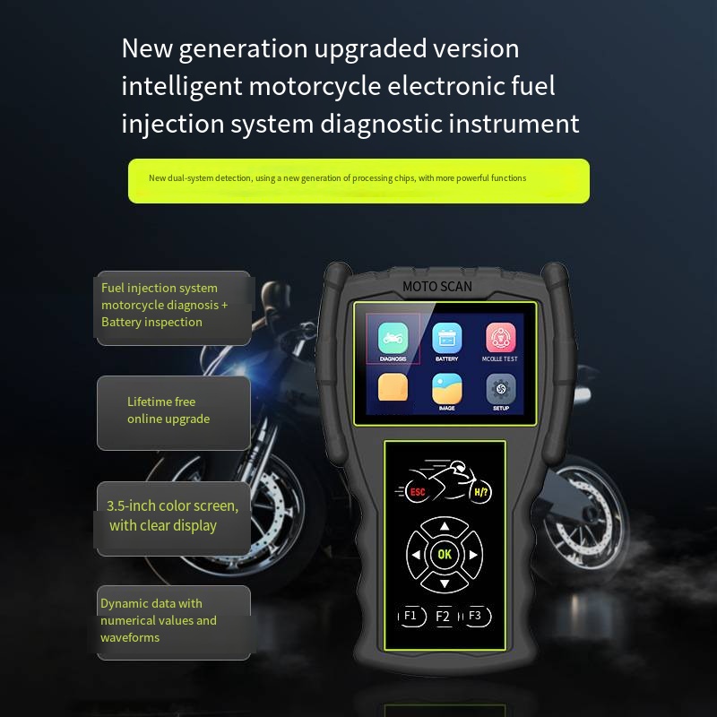 Ein Handscanner ermöglicht das Lesen und Löschen von EFI-Motorradfehlercodes, das Testen der Batterie, das Einstellen des Leerlauf- und Rückset-Service-Lichts