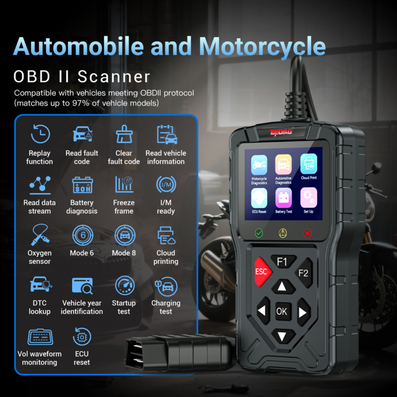 Robuuste TopDiag M60 OBD-II diagnostische scanner met 2,8-inch hogeresolutiescherm, betrouwbare motor- en batterijanalyse.