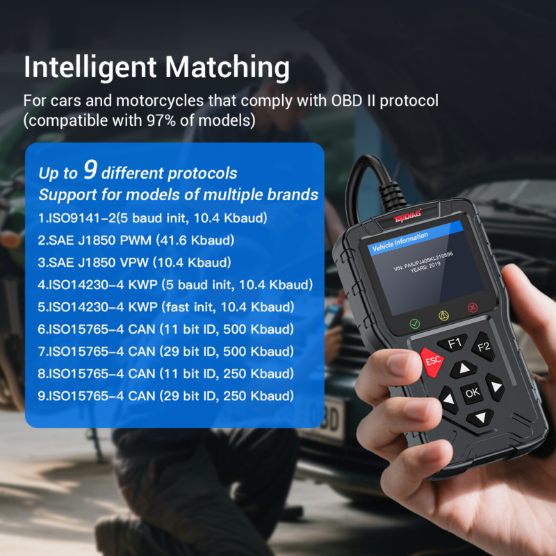 Handheld OBD-II diagnostische scanner leest foutcodes en verwijdert sie, monitort live motorgegevens en test de gezondheid van de batterij.