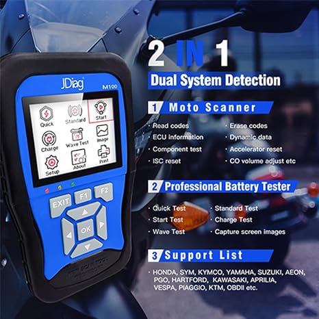 Professionelles, ABS-basiertes Motorrad-Diagnosetool mit Vollfehlercodes, Live-Daten und Batterietestfunktionen.